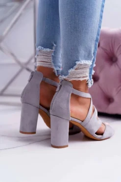 Boto Sandały Na Obcasie*Damskie Sandały Na Słupku Zamszowe Szare Lemilia