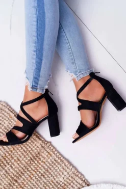 Damskie Boto Damskie Sandały Na Słupku Zamszowe Czarne Lemilia