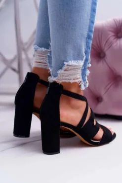 Damskie Boto Damskie Sandały Na Słupku Zamszowe Czarne Lemilia