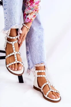 Damskie Boto Damskie Sandały Na Suwak Z Ćwiekami Białe Cavos