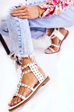 Damskie Boto Damskie Sandały Na Suwak Z Ćwiekami Białe Cavos