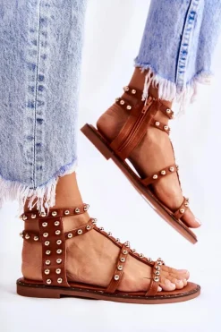 Discount Boto Damskie Sandały Na Suwak Z Ćwiekami Brązowe Cavos