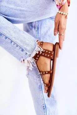 Discount Boto Damskie Sandały Na Suwak Z Ćwiekami Brązowe Cavos