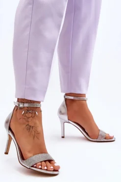 Boto Sandały Na Obcasie*Damskie Sandały Na Szpilce Z Dżetami Srebrne Perfecto