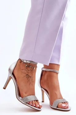 Boto Sandały Na Obcasie*Damskie Sandały Na Szpilce Z Dżetami Srebrne Perfecto