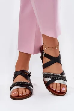 Buty Sergio Leone Sandały Płaskie*Damskie Sandały Płaskie Z Paskami Sergio Leone SK087H Czarne