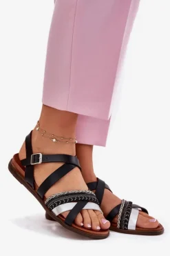 Buty Sergio Leone Sandały Płaskie*Damskie Sandały Płaskie Z Paskami Sergio Leone SK087H Czarne