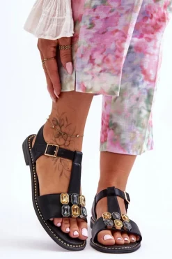 Damskie buty S.Barski Sandały Płaskie*Damskie Sandały S.Barski Z Kamieniami KV-2775-30 Czarne