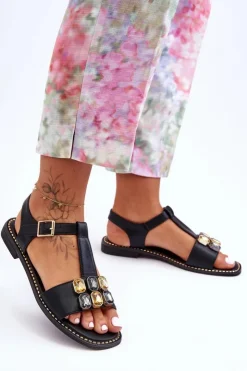 Damskie buty S.Barski Sandały Płaskie*Damskie Sandały S.Barski Z Kamieniami KV-2775-30 Czarne