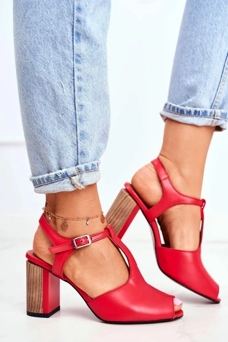 Damskie Maciejka Damskie Sandały Skórzane Czerwone 04117