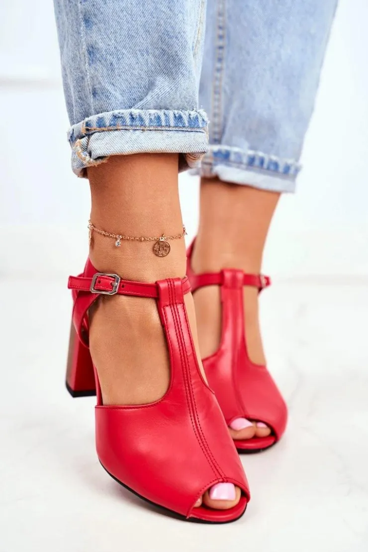 Damskie Maciejka Damskie Sandały Skórzane Czerwone 04117