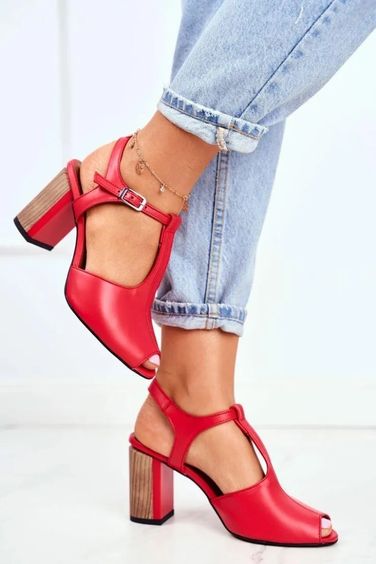 Damskie Maciejka Damskie Sandały Skórzane Czerwone 04117