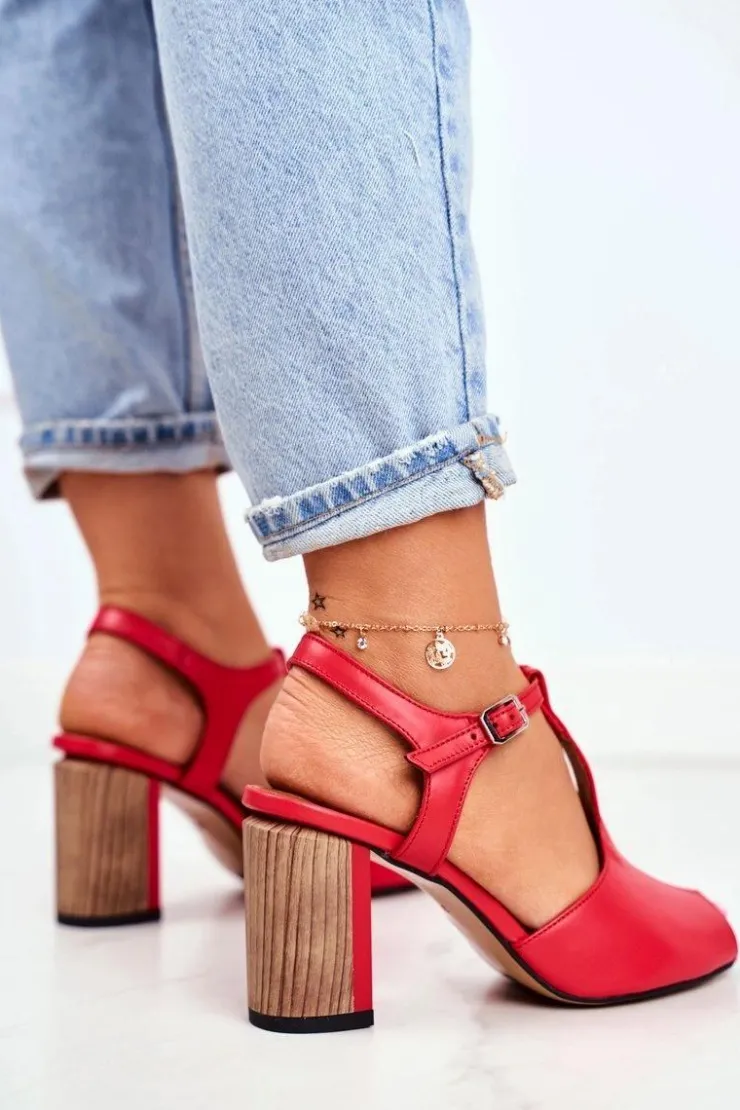 Damskie Maciejka Damskie Sandały Skórzane Czerwone 04117