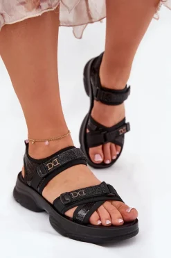 Boto Damskie Sandały Z Cekinami Na Rzepy Czarne Gonev