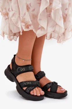 Boto Damskie Sandały Z Cekinami Na Rzepy Czarne Gonev