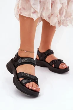 Boto Damskie Sandały Z Cekinami Na Rzepy Czarne Gonev