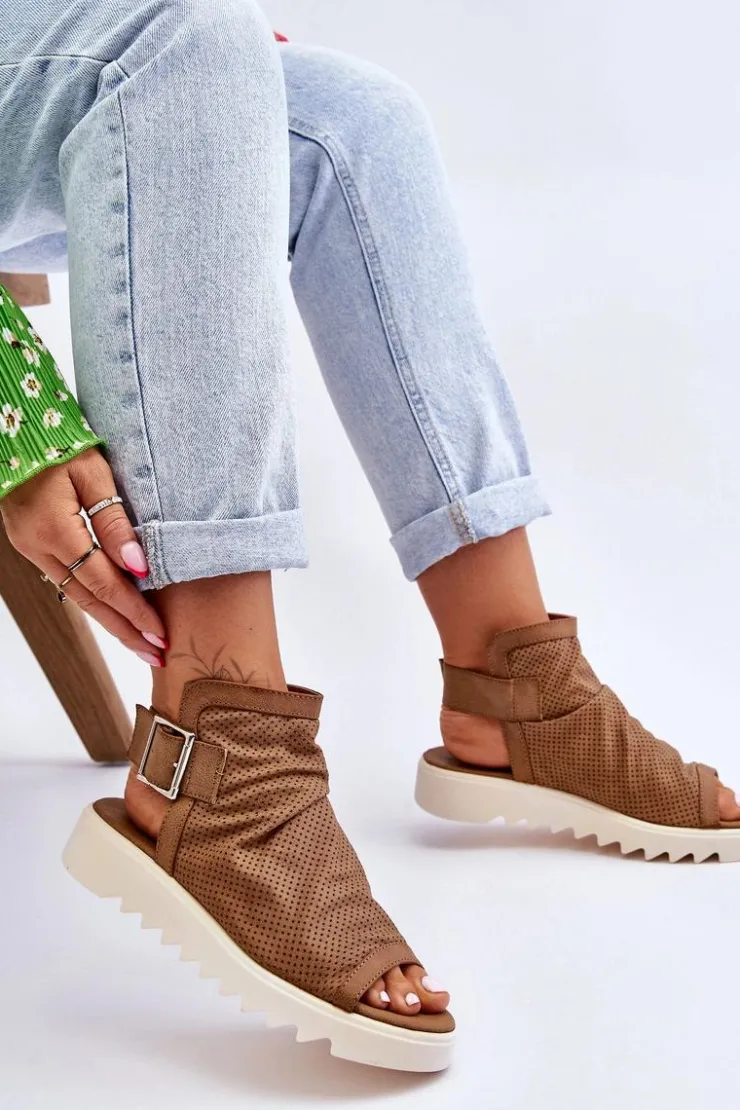 Boto Sandały Płaskie*Damskie Sandały Z Cholewką Za Kostkę Camel Adonis