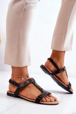 Damskie buty S.Barski Sandały Płaskie*Damskie Sandały Z Dżetami Czarne Julies Czarny
