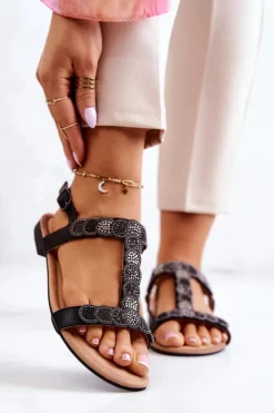 Damskie buty S.Barski Sandały Płaskie*Damskie Sandały Z Dżetami Czarne Julies Czarny