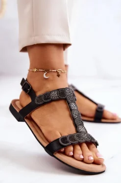 Damskie buty S.Barski Sandały Płaskie*Damskie Sandały Z Dżetami Czarne Julies Czarny