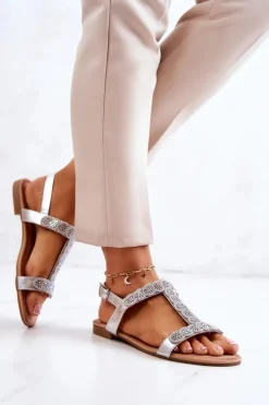 Damskie buty S.Barski Sandały Płaskie*Damskie Sandały Z Dżetami Srebrne Julies