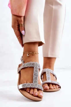 Damskie buty S.Barski Sandały Płaskie*Damskie Sandały Z Dżetami Srebrne Julies