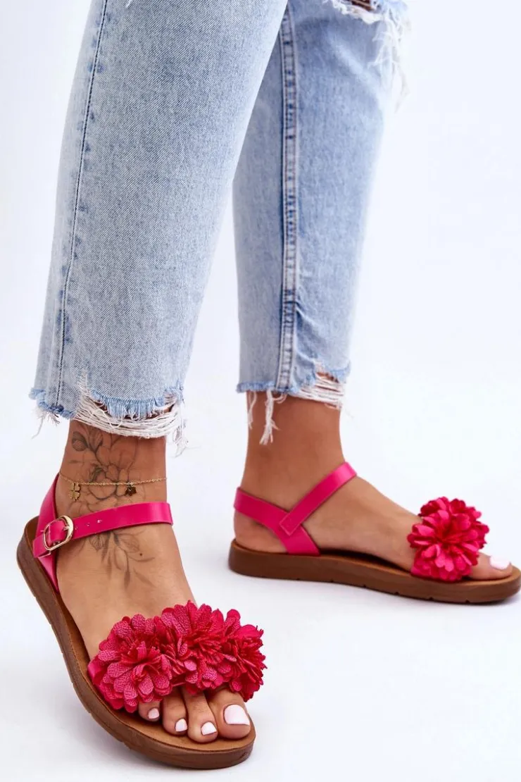 Boto Sandały Płaskie*Damskie Sandały Z Materiałowymi Kwiatami Fuksja Fiori
