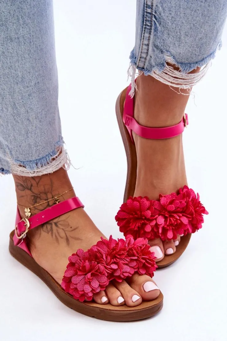 Boto Sandały Płaskie*Damskie Sandały Z Materiałowymi Kwiatami Fuksja Fiori