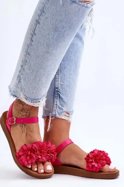 Boto Sandały Płaskie*Damskie Sandały Z Materiałowymi Kwiatami Fuksja Fiori