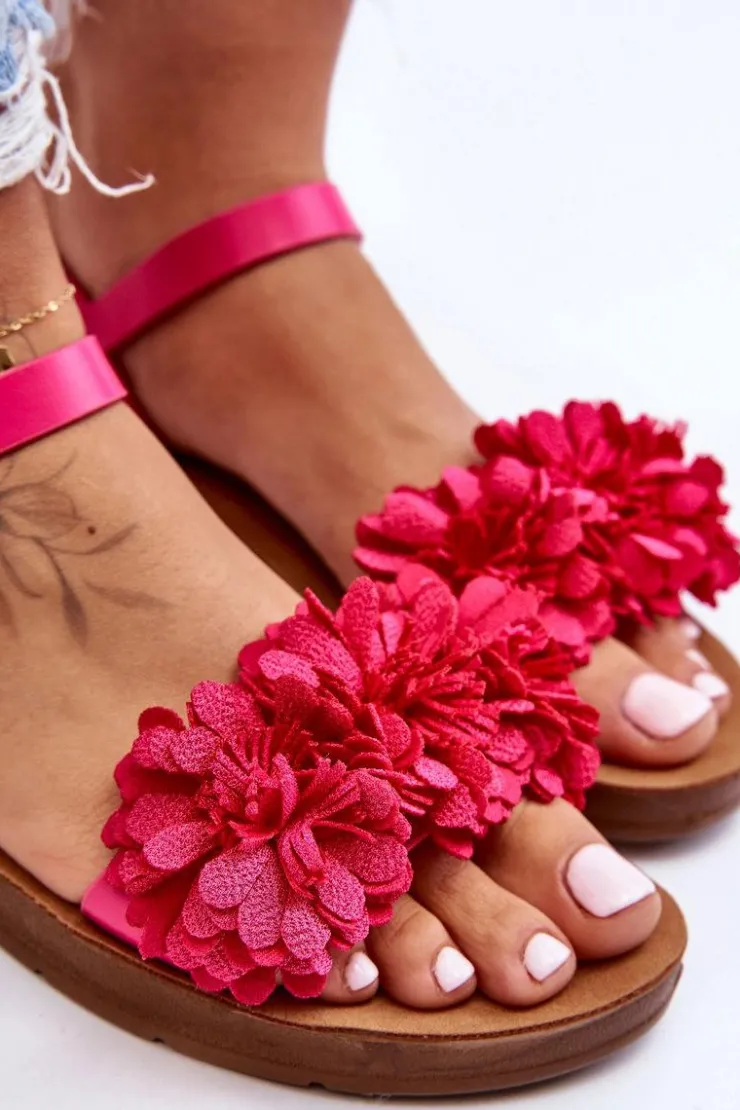 Boto Sandały Płaskie*Damskie Sandały Z Materiałowymi Kwiatami Fuksja Fiori