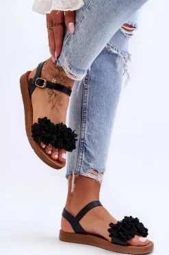 Best Boto Damskie Sandały Z Materiałowymi Kwiatami Czarne Fiori