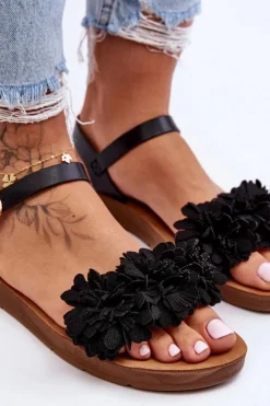 Best Boto Damskie Sandały Z Materiałowymi Kwiatami Czarne Fiori