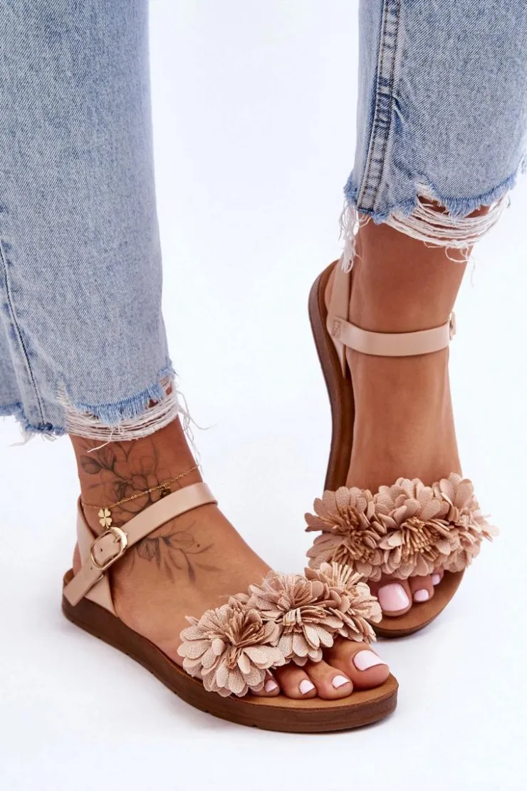 Boto Sandały Płaskie*Damskie Sandały Z Materiałowymi Kwiatami Beżowe Fiori