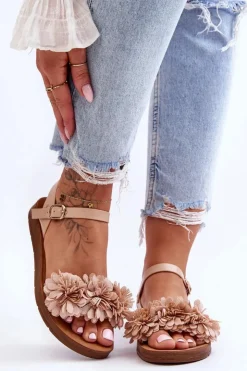 Boto Sandały Płaskie*Damskie Sandały Z Materiałowymi Kwiatami Beżowe Fiori