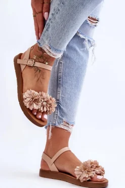 Boto Sandały Płaskie*Damskie Sandały Z Materiałowymi Kwiatami Beżowe Fiori