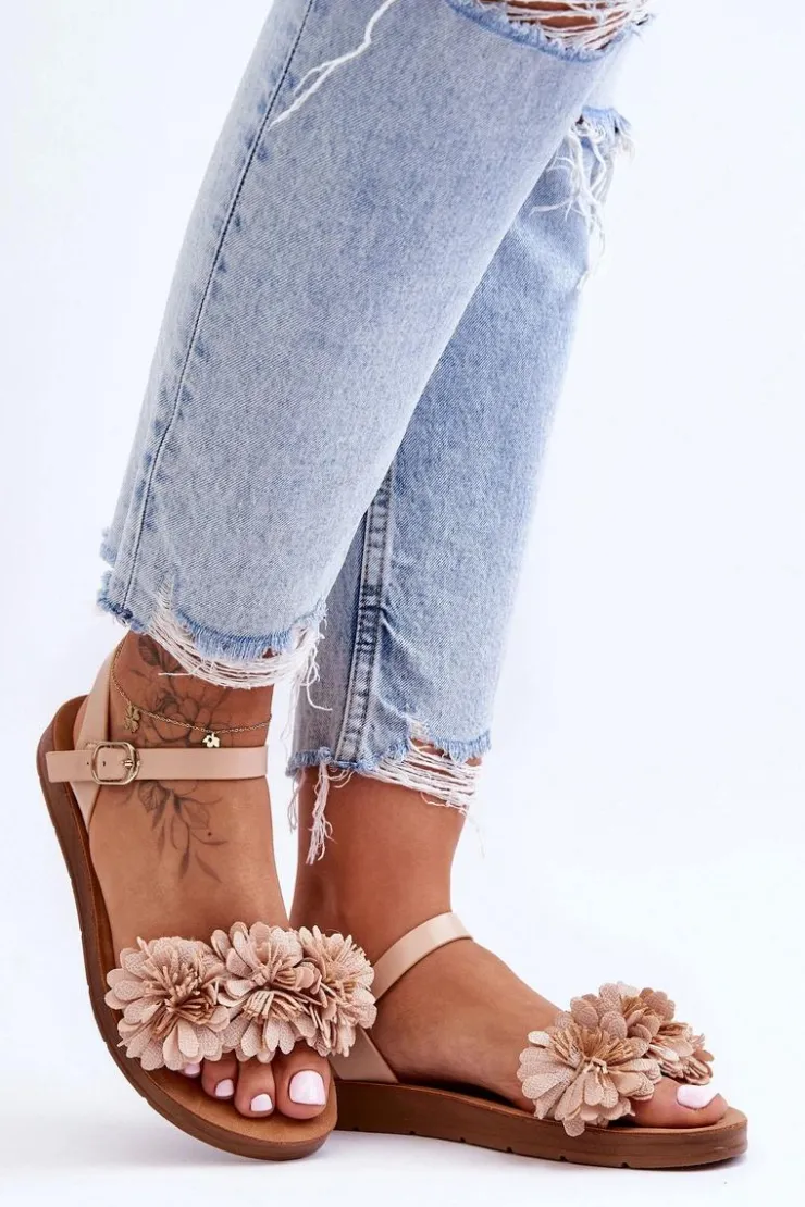 Boto Sandały Płaskie*Damskie Sandały Z Materiałowymi Kwiatami Beżowe Fiori