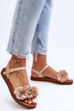 Boto Sandały Płaskie*Damskie Sandały Z Materiałowymi Kwiatami Beżowe Fiori
