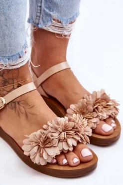 Boto Sandały Płaskie*Damskie Sandały Z Materiałowymi Kwiatami Beżowe Fiori