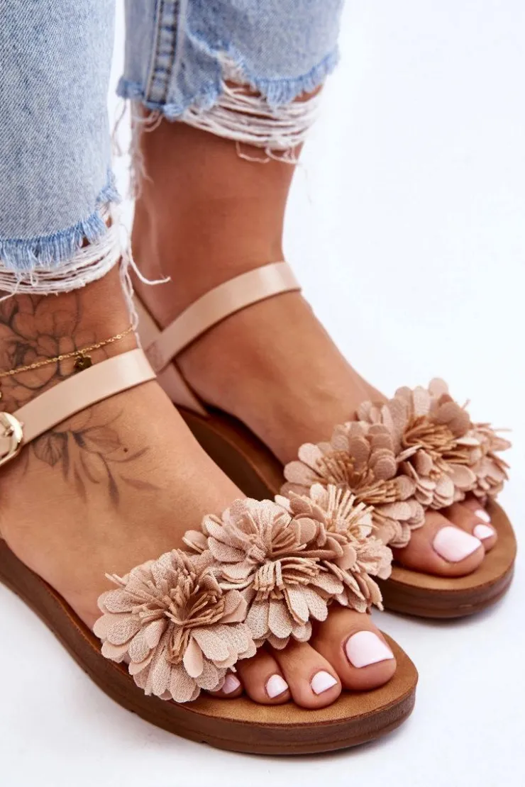 Boto Sandały Płaskie*Damskie Sandały Z Materiałowymi Kwiatami Beżowe Fiori