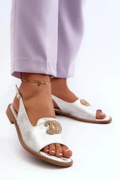 Damskie buty S.Barski Sandały Płaskie*Damskie Sandały Z Ozdobą S.Barski KV27-049 Srebrne