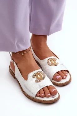 Damskie buty S.Barski Sandały Płaskie*Damskie Sandały Z Ozdobą S.Barski KV27-049 Srebrne