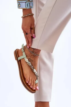 Boto Sandały Płaskie*Damskie Sandały Z Ozdobami Na Pasku Zielone Alamis