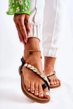 Boto Sandały Płaskie*Damskie Sandały Z Ozdobami Na Pasku Czarne Alamis