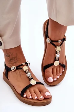 Boto Sandały Płaskie*Damskie Sandały z Ozdobami Czarne Kushi