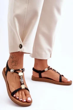 Boto Sandały Płaskie*Damskie Sandały z Ozdobami Czarne Kushi