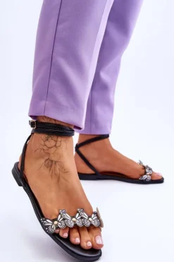 Boto Sandały Płaskie*Damskie Sandały Z Ozdobnymi Motylami Czarne Jeane