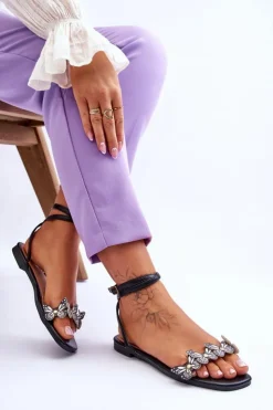 Boto Sandały Płaskie*Damskie Sandały Z Ozdobnymi Motylami Czarne Jeane