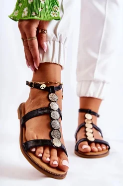 Damskie Boto Damskie Sandały Z Ozdobnym Paskiem Czarne Seila