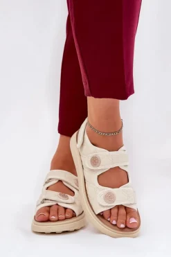 Hot Boto Damskie Sandały Z Ozdobnymi Detalami Na Rzepy Beżowe Zoliner Beżowy