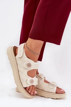 Hot Boto Damskie Sandały Z Ozdobnymi Detalami Na Rzepy Beżowe Zoliner Beżowy